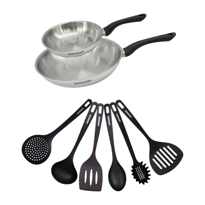 Set 2 poêles en inox et 6 ustensiles RPET Fackelmann Geneva