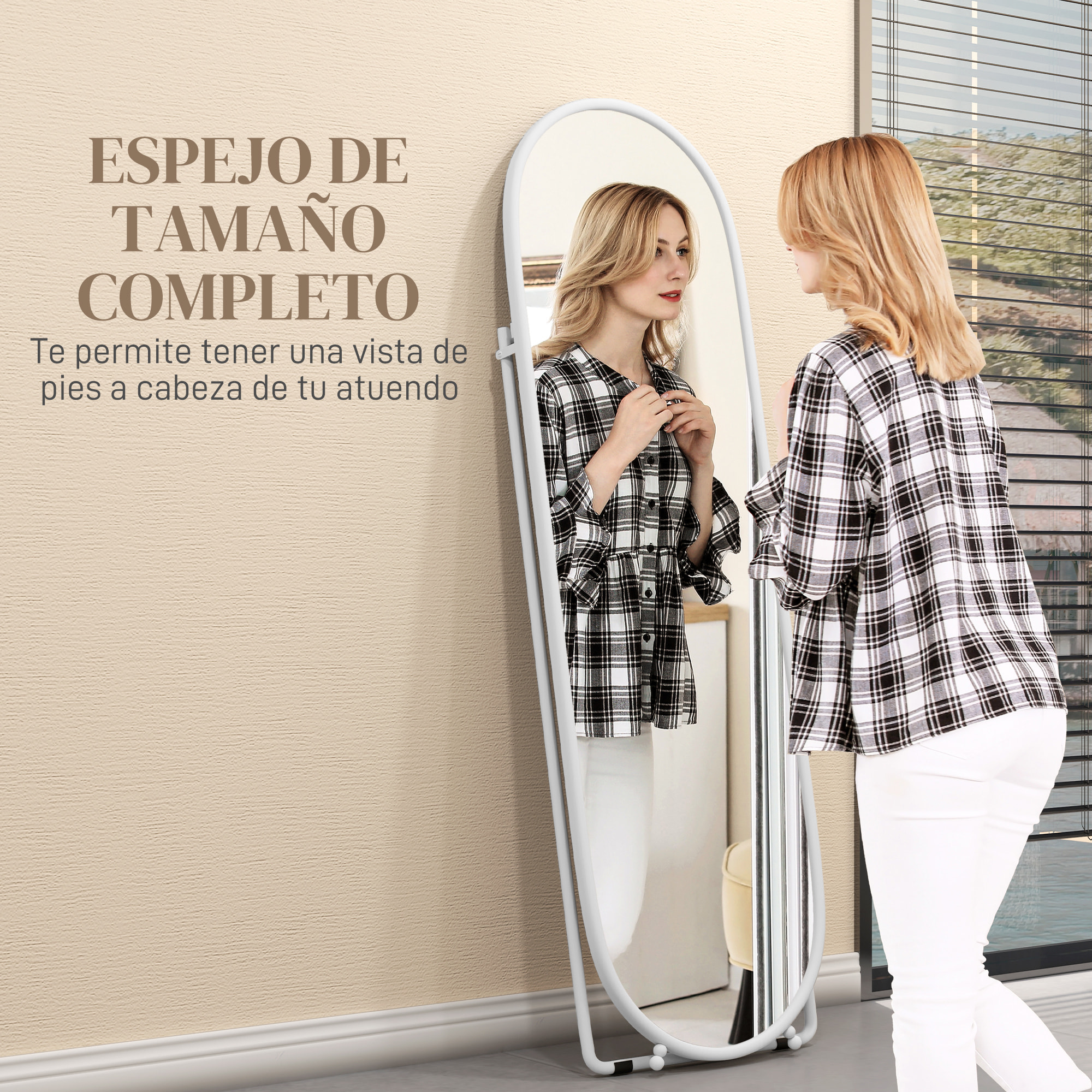 Espejo de Pie Cuerpo Entero 160x40 cm con Marco Metálico, Espejo de Pared Ovalado para Colgar con Soporte, 2 Formas de Uso, para Salón, Entrada y Dormitorio, Blanco