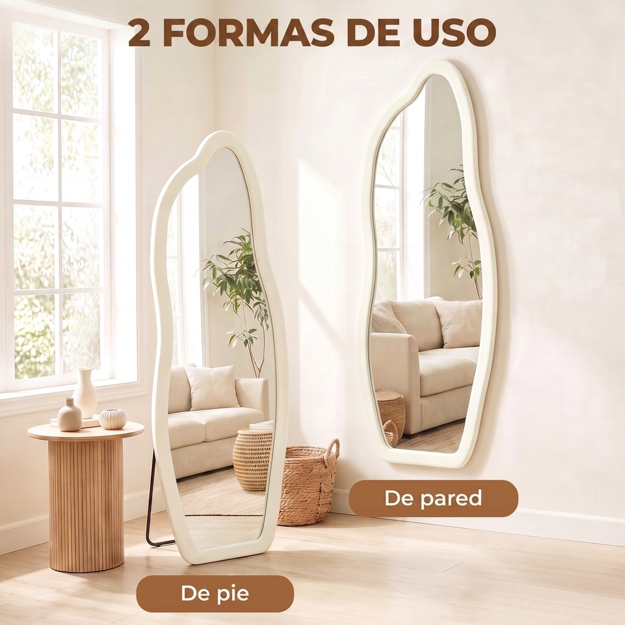 Espejo de Cuerpo Entero, 160x60 cm, Espejo de Pie, Marco Arqueado Aterciopelado, Independiente, Apoyado y de Pared, para Dormitorio, Salón, Vestidor, Crema