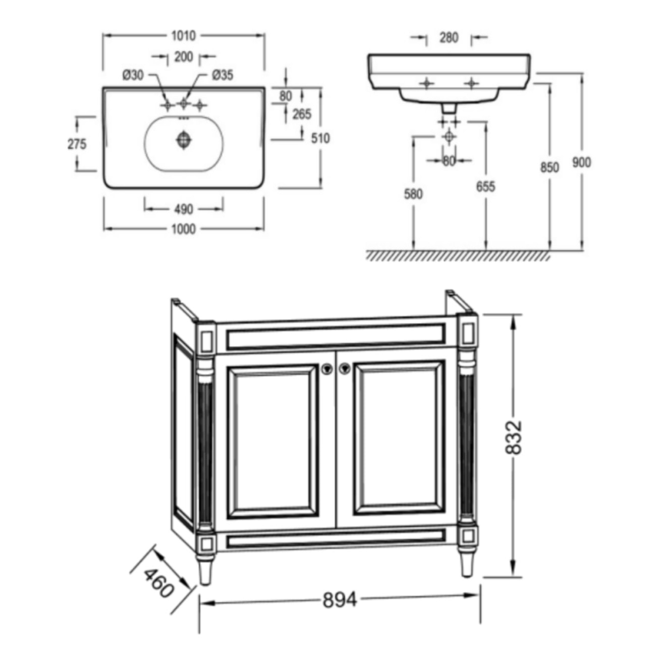 Pack meuble vasque 3 trous Cléo 1889 bleu velours + miroir + mélangeur croisillons or