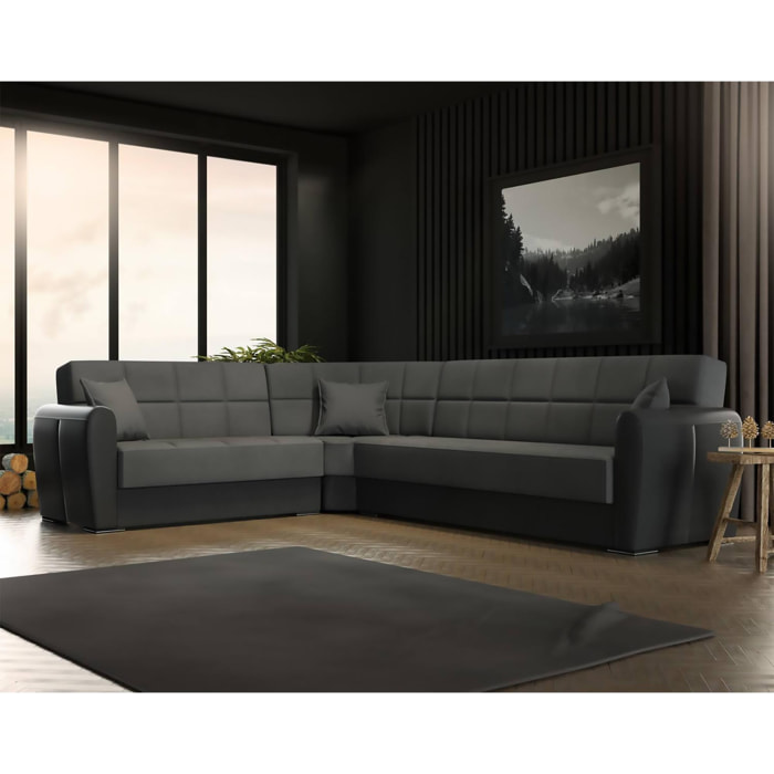 Divano letto Matias, Divano letto contenitore ad angolo in ecopelle e tessuto, Sofà da soggiorno con apertura click-clack e penisola reversibile, 305x238h91 cm, Nero e Verde