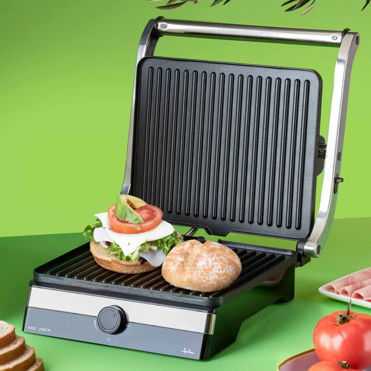 Parrilla eléctrica grill JATA JEGR1596 con placas rayadas (29 x 23,6 cm) antiadherentes. 2000 W