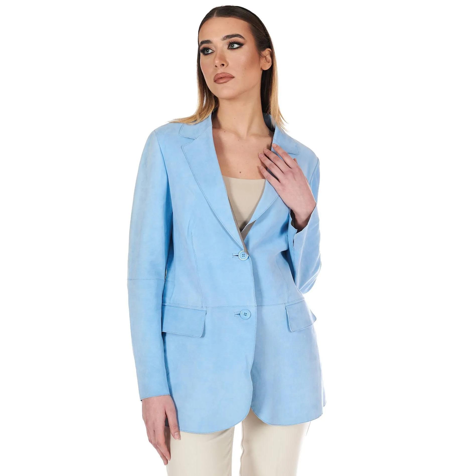 Giacca blazer in pelle scamosciata colore celeste