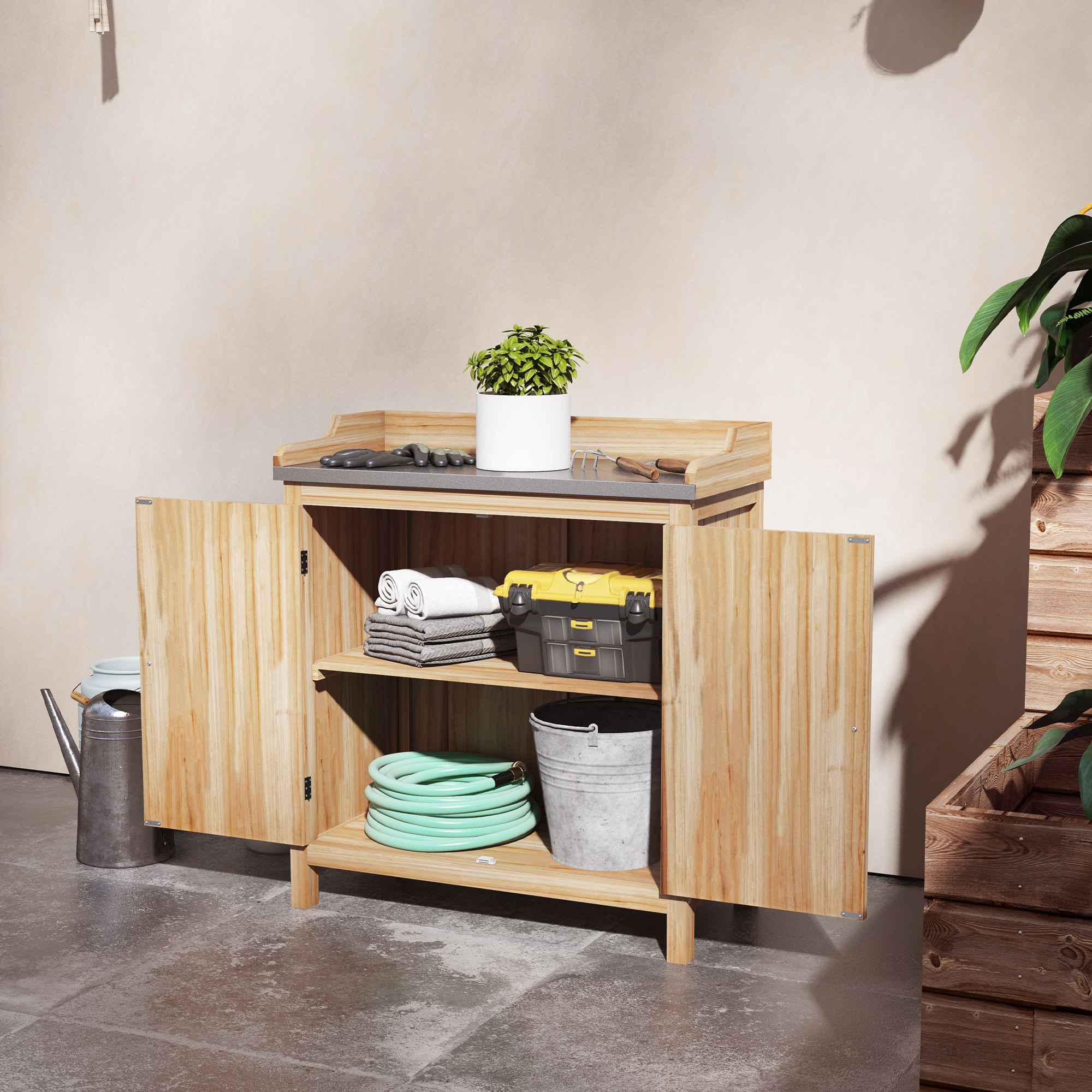 Table de rempotage armoire de jardin 2 en 1 bois sapin acier