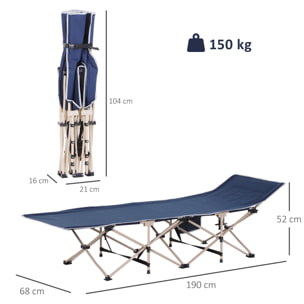Cama de Camping Plegable Cama de Acampada con 1 Bolsillo Lateral Bolsa de Transporte y Marco de Acero Carga 150 kg para Playa Senderismo 190x68x52 cm Azul