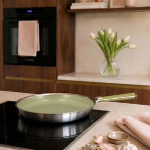 Poêle 30cm en acier inoxydable et manche amovible vert AGLAE