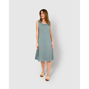 Vestido midi cuello drapeado algodón lino verde azulado