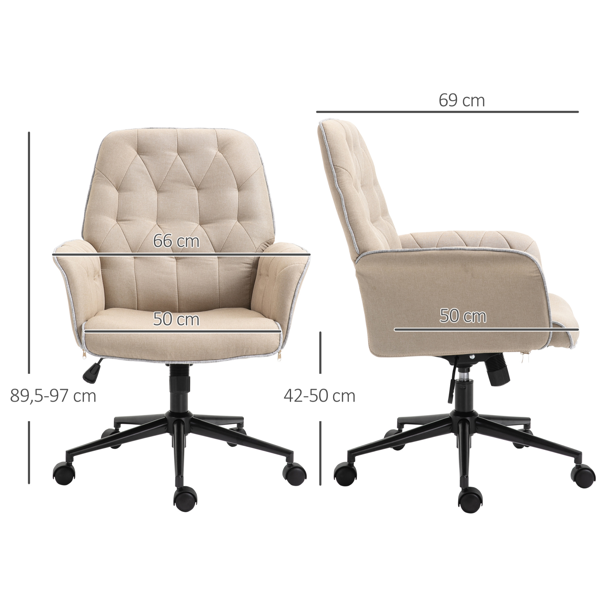 Fauteuil de bureau chaise de bureau hauteur réglable roulettes pivotant 360° tissu chanvre 69L x 66l x 89,5-97H cm beige