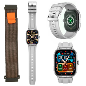 Smartwatch M106 con doppio cinturino, uno in silicone e l'altro in nylon. Notifiche delle app, monitoraggio della salute, modalità sportive.