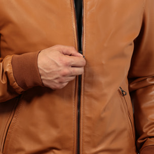 Giubbino in vera pelle di vitello color cuoio-Slim Fit