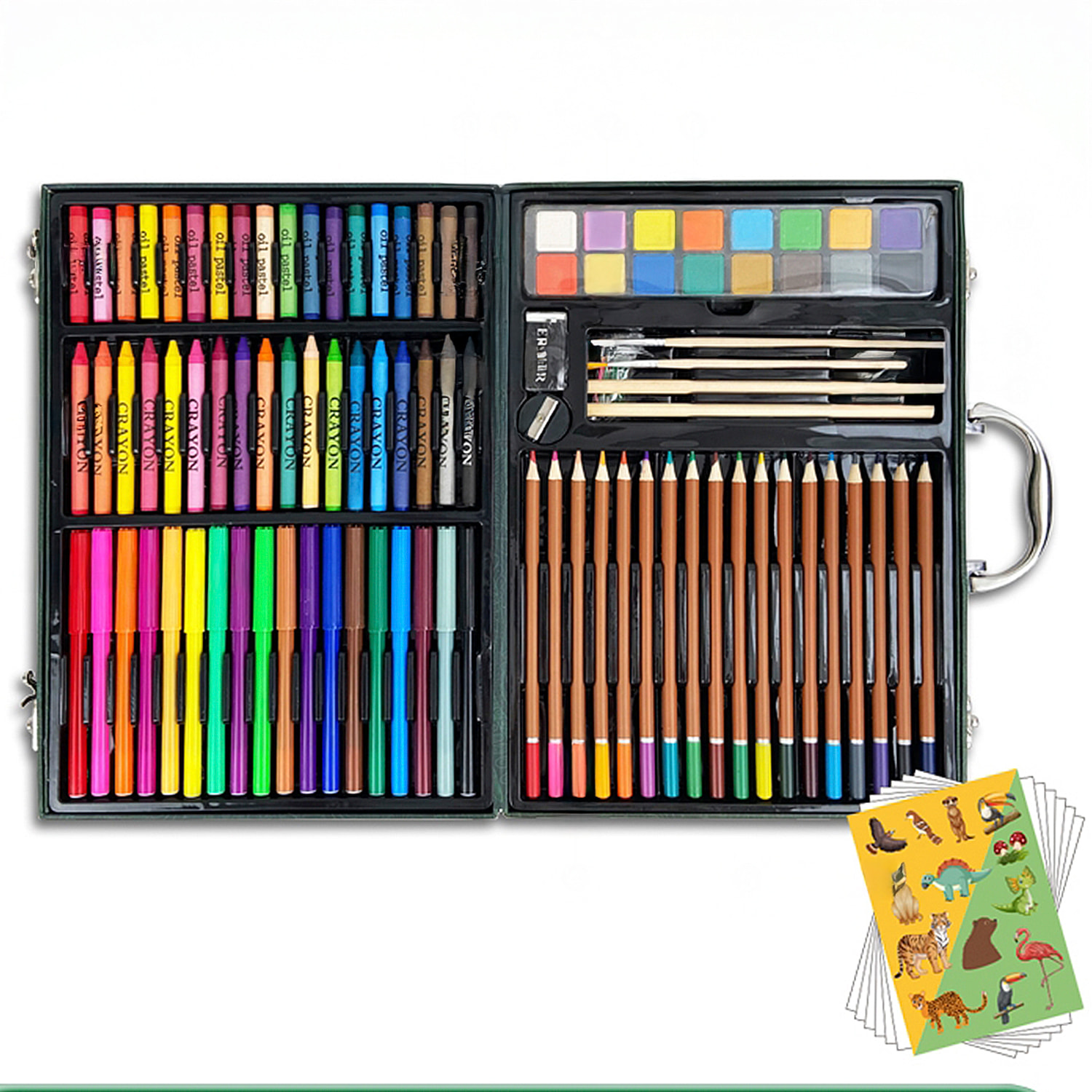 Maletin bellas artes 118 piezas con lapices y rotuladores, acuarelas, ceras pastel, pinceles y accesorios. Diseño jungla.