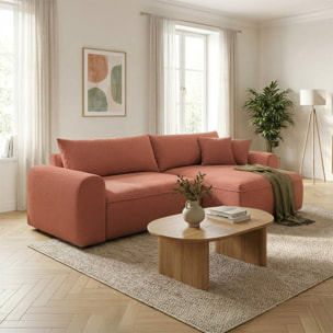 Canapé d'angle convertible terracotta 4 places tissu bouclé + coffre OLIZE