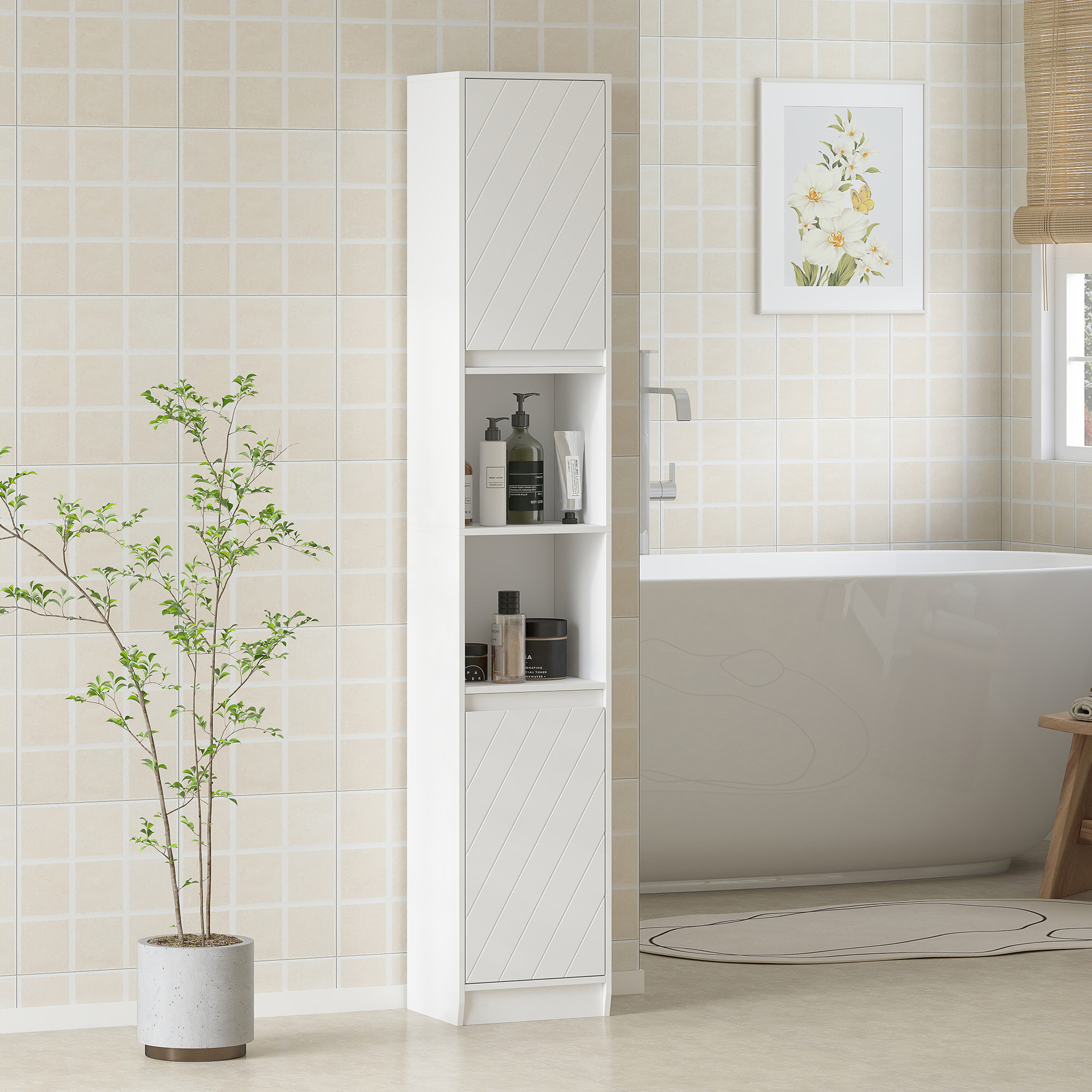 Armario de Baño Alto, Columna de Baño Estrecha con 2 Puertas y 2 Estantes Abiertos, para Espacios Pequeños, 30x24x170 cm, Blanco