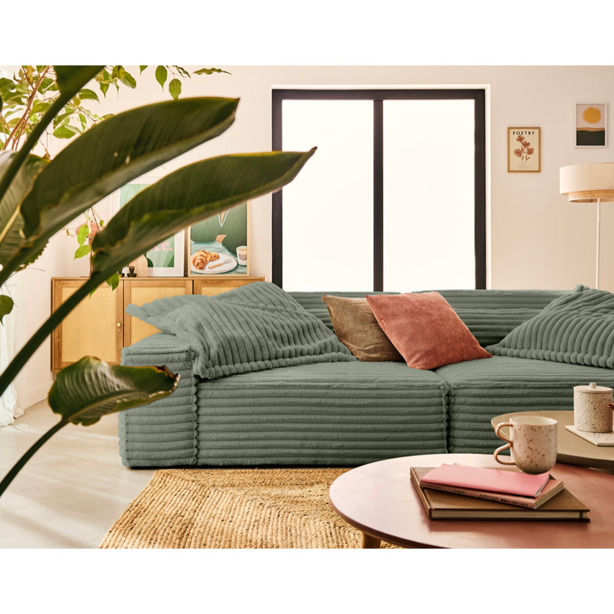 Richie - canapé droit 3 places avec double méridienne - assise profonde - en fausse fourrure côtelée - Vert