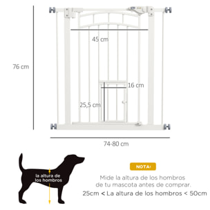 Barrera de Seguridad para Perros Extensible 74-80 cm, para Puertas y Escaleras, Barrera para Perros con Montaje a Presión, Puerta Pequeña y Doble Bloqueo, Blanco