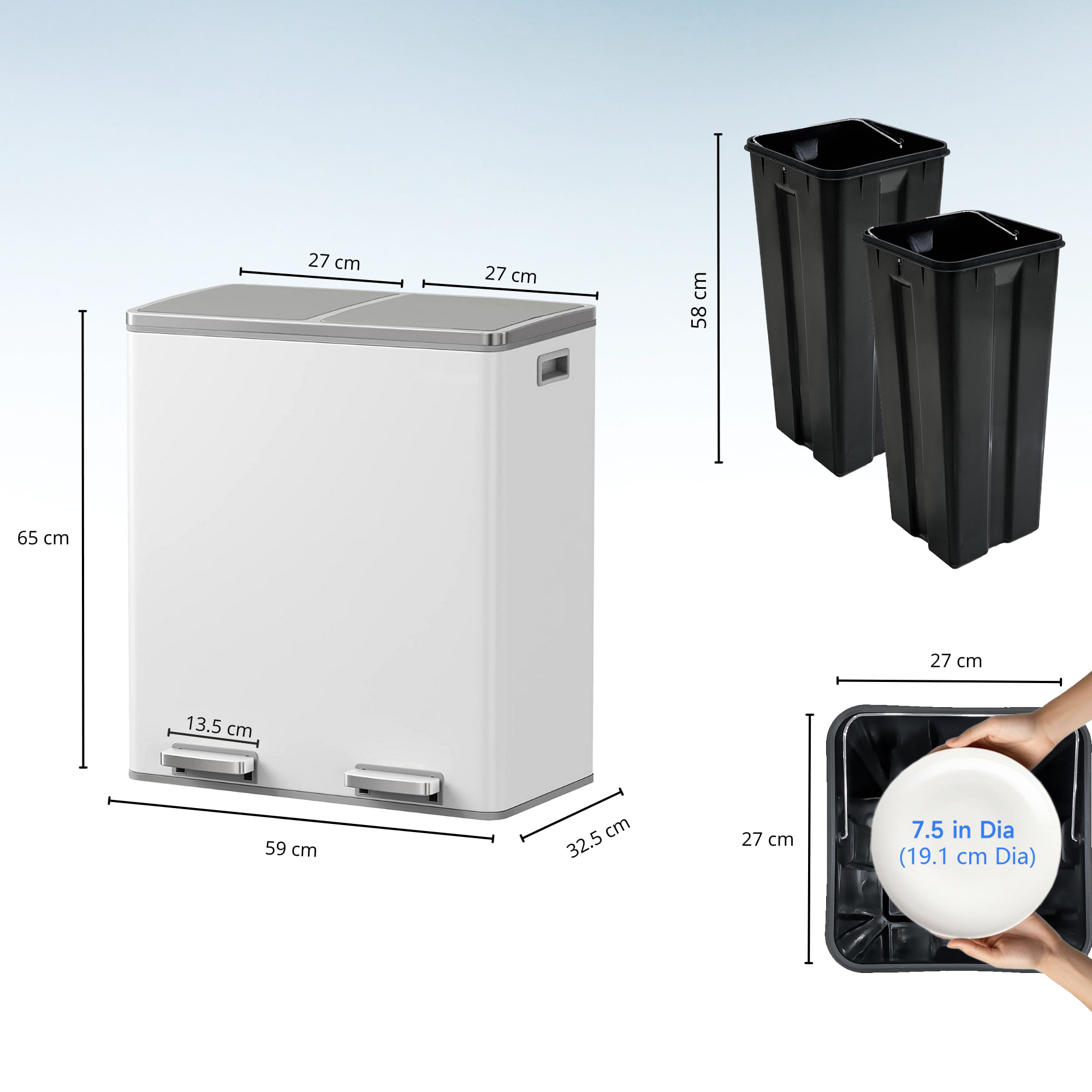 Poubelle pédale tri sélectif MAJOR blanc 60L