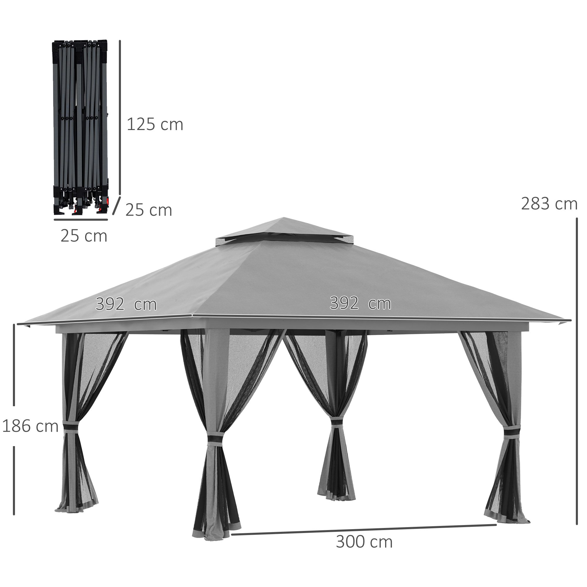 Carpa Plegable Pop-up 4x4x2,8 m Cenador de Jardín con Paredes Altura Ajustable Anti-UV Impermeable Doble Techo Mosquiteras y Bolsa de Ruedas Gazebo para Exterior Fiestas Camping Gris Oscuro
