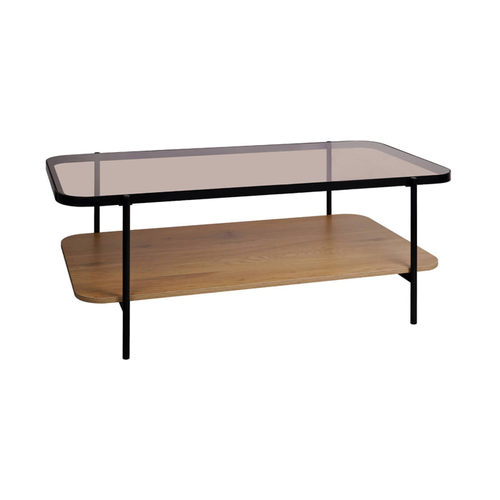 Table basse vintage en métal noir avec 2 plateaux (verre et décor bois). bords arrondis