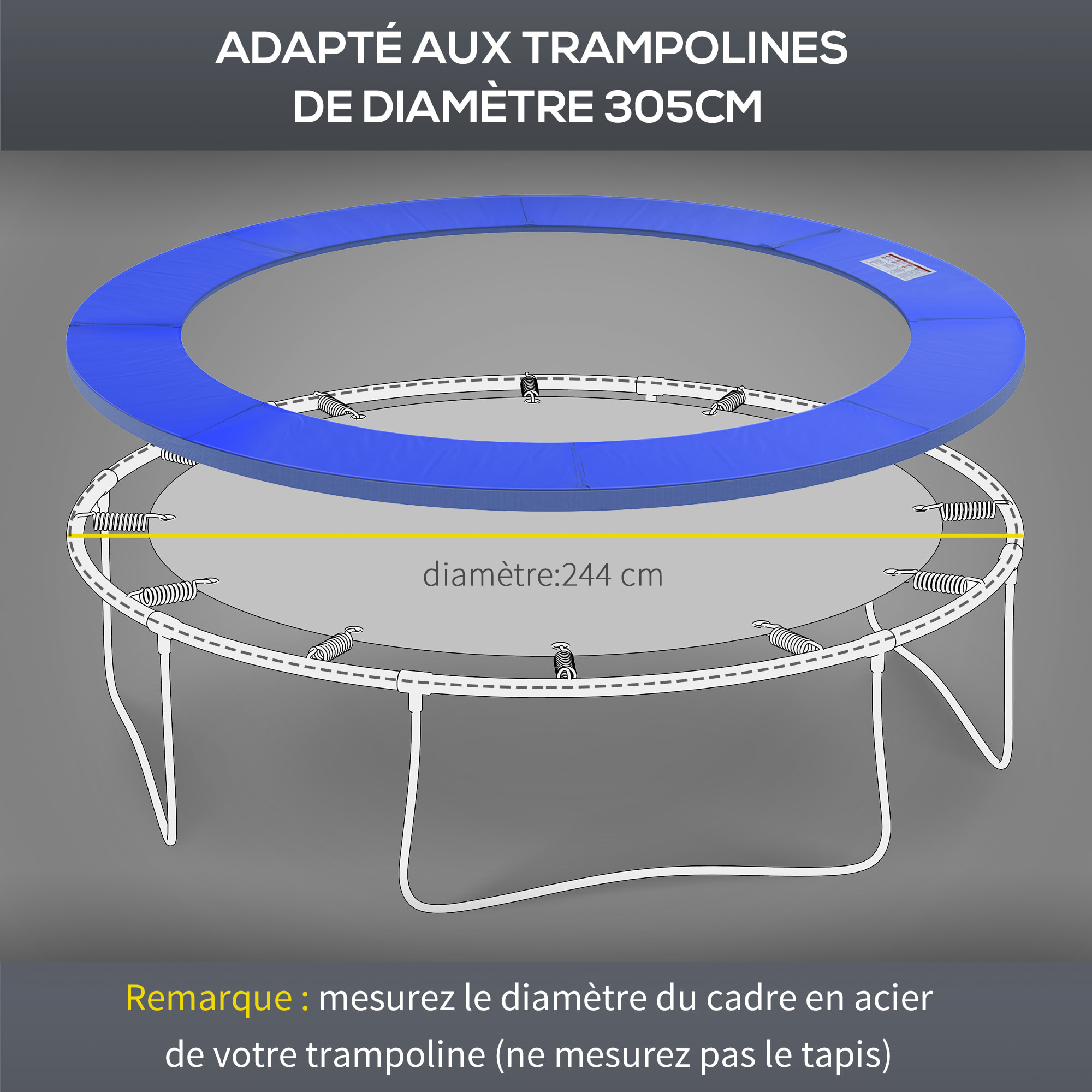 Couvre-ressort trampoline Ø 305 cm - coussin de protection des ressorts - rembourrage 1,5 cm - PVC bleu