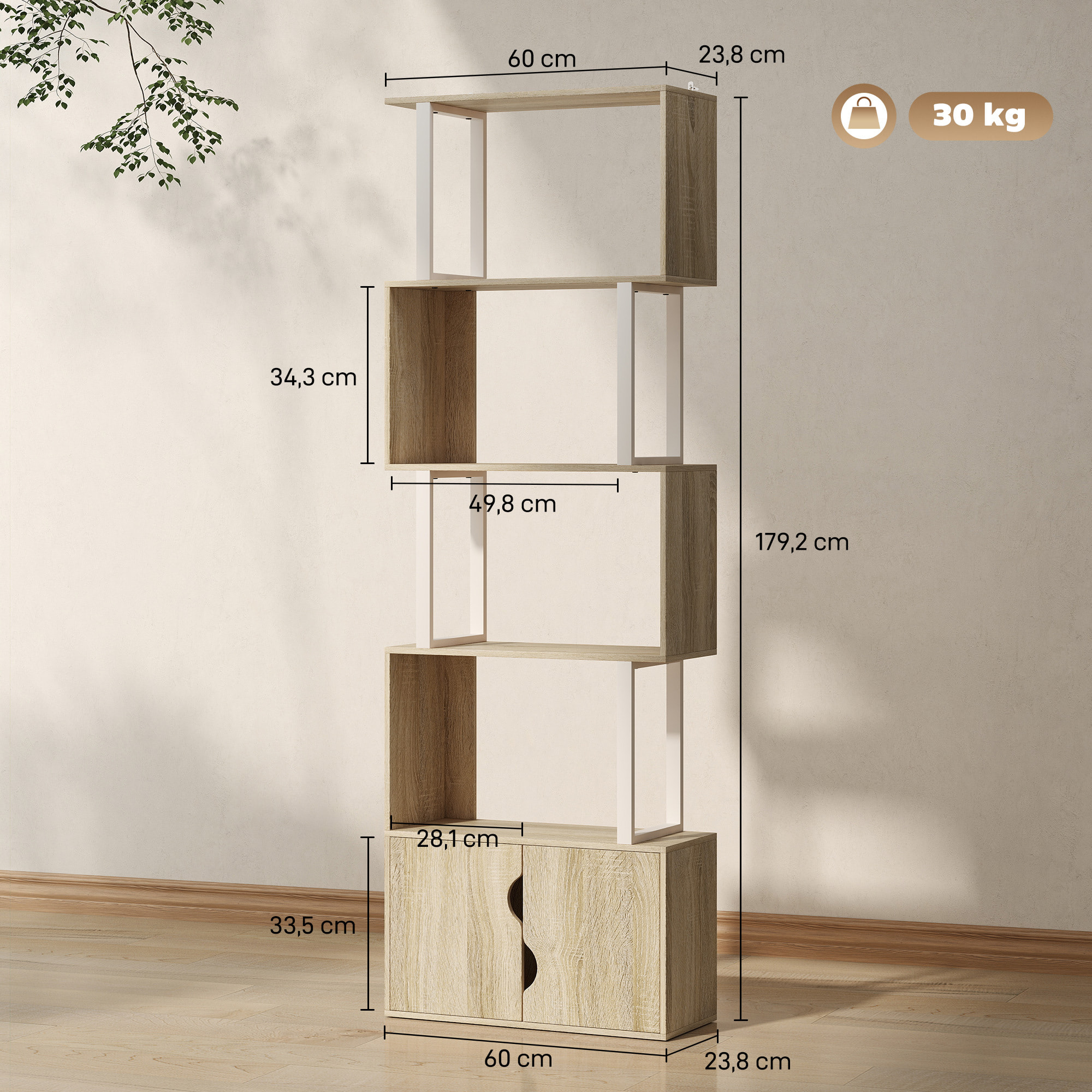 Bibliothèque design zig zag - 4 étagères, 2 portes - effet bois acier naturel
