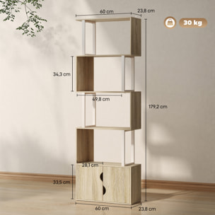 Bibliothèque design zig zag - 4 étagères, 2 portes - effet bois acier naturel