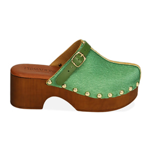 Clogs verdi in cavallino, tacco 6 cm
