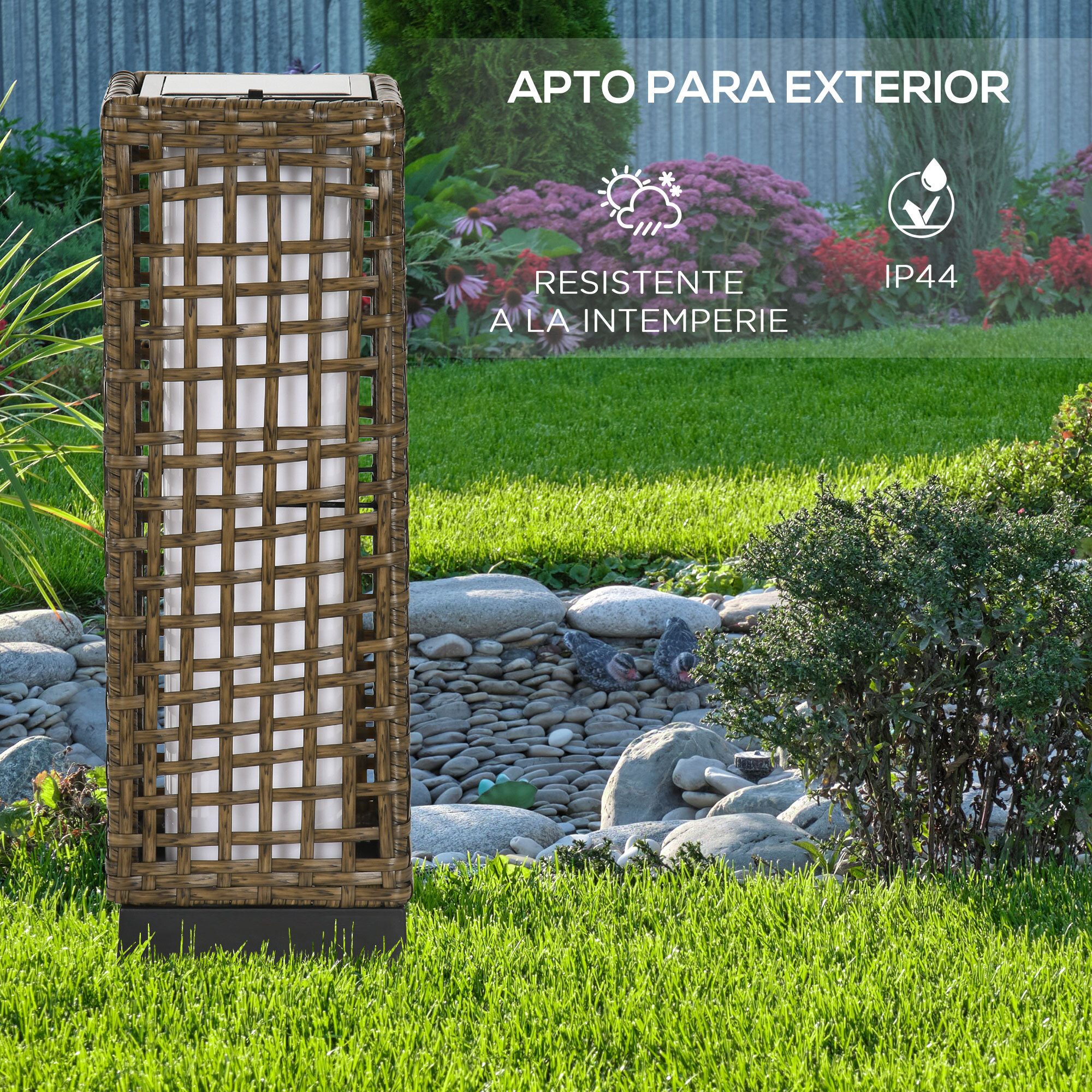Linterna de Jardín de Ratán Sintético Farola Solar con Luces LED Encendido y Apagado Automático para Terraza Balcón Patio 15,5x15,5x46 cm Arena