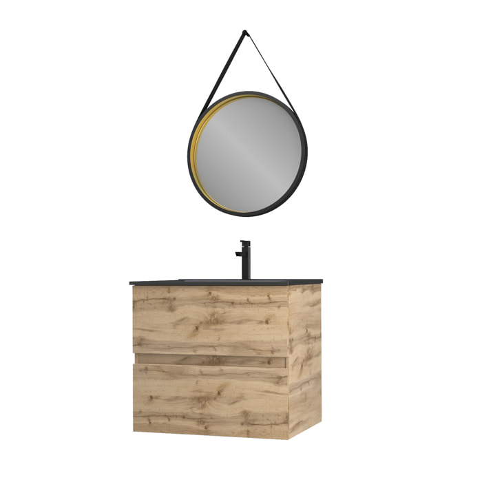 Meuble salle de bain 60x54 -Finition chene naturel + vasque noire + miroir barber-TIMBER 60 - Pack30