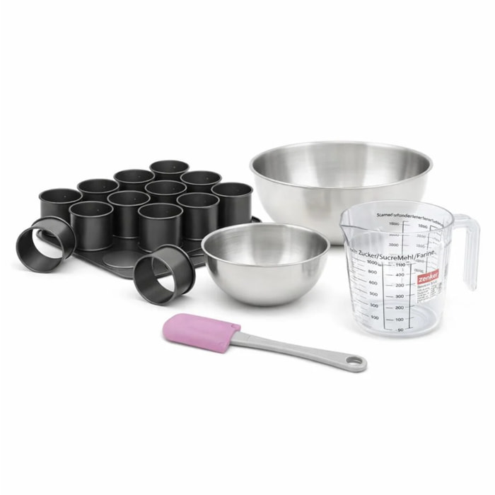 Set à pâtisserie 1 plaque de 12 mini-moules 2 bols à mixer 1 verre mesureur et 1 spatule Zenker Black Metallic