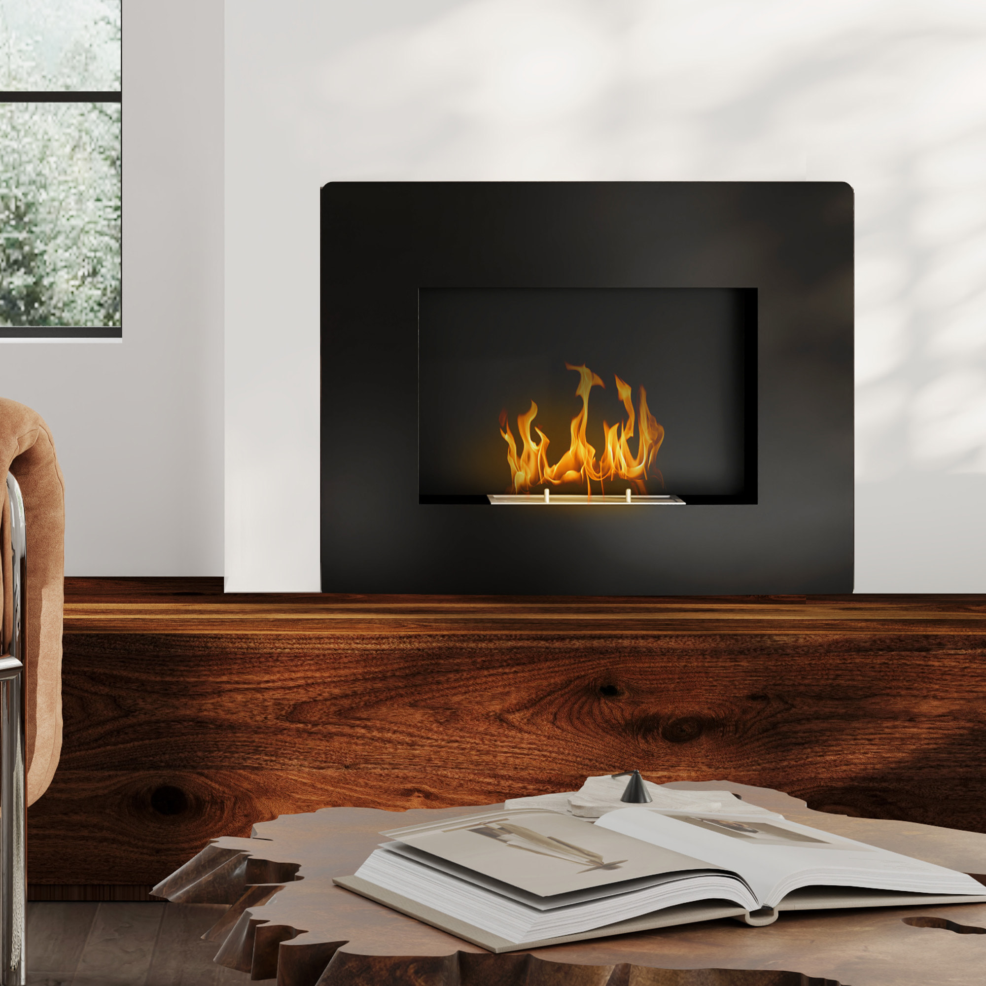 Chimenea de Bioetanol de Pared Estufa de Bioetanol Curva con Tanque de 0,9 L Apagallamas de Acero Inoxidable Tiempo de Combustión 3,3H para Interiores 15-20 m² 66x16x52 cm Negro