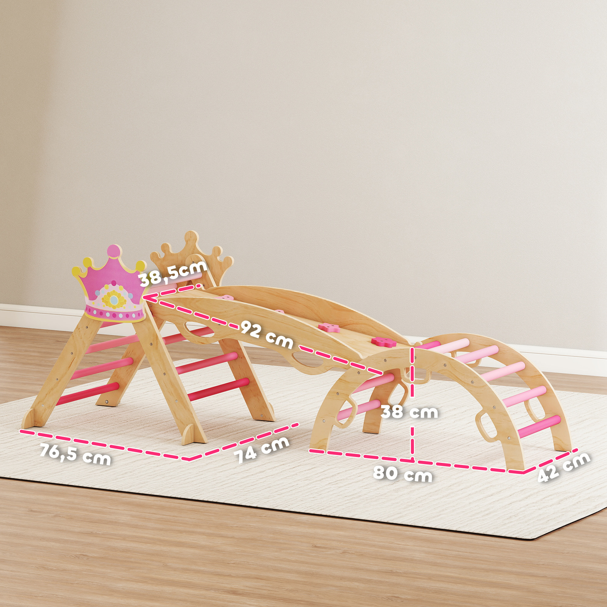 8 en 1 Triángulo de Escalada de Madera, Estructura de Escalada Montessori, Tema de Corona, con Arco y Rampa para Deslizarse o Escalar, para Niños de 18-48 Meses, Interiores, Rosa
