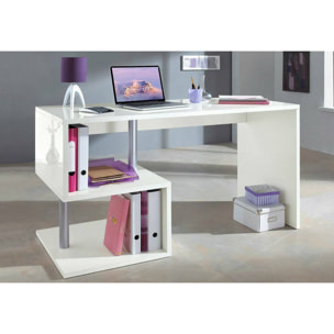 Scrivania moderna ad Esse per ufficio e studio con scaffale, Made in Italy, Tavolo da computer, Scrittoio porta PC, cm 140x60h78, colore Bianco lucido