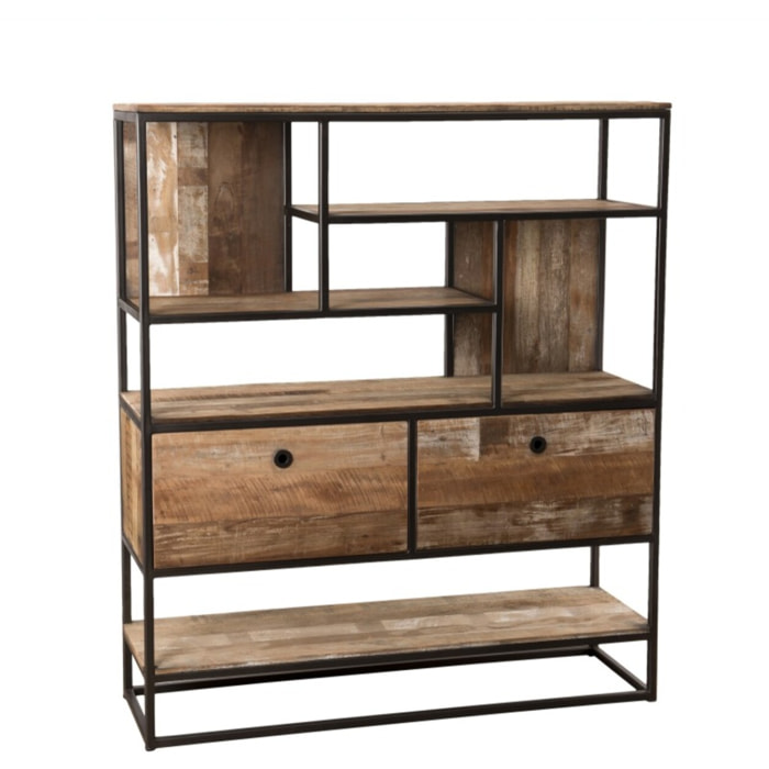 SIXTINE - Étagère marron 2 tiroirs et 7 niches Teck recyclé Acacia Mahogany recyclé et métal noir