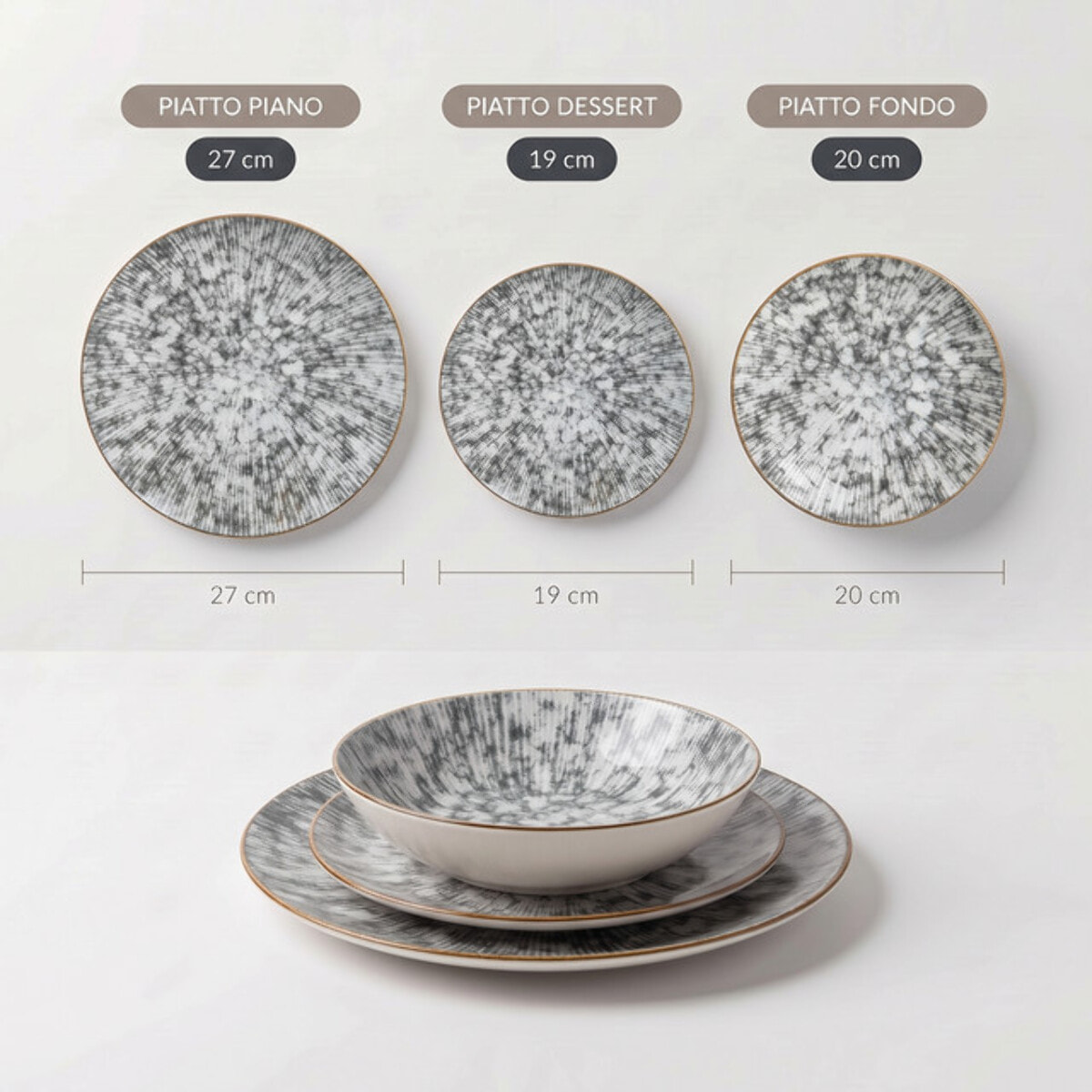 Servizio piatti effetto minerale in porcellana - Grigio Pietra