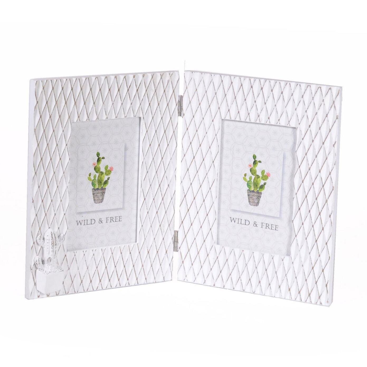 Portafoto da tavolo con cactus in in legno bianco, multiplo 2 foto cm38x24x1