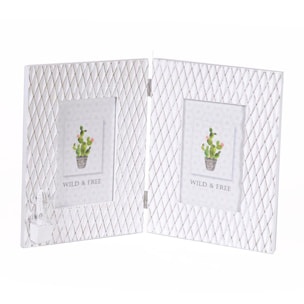 Portafoto da tavolo con cactus in in legno bianco, multiplo 2 foto cm38x24x1
