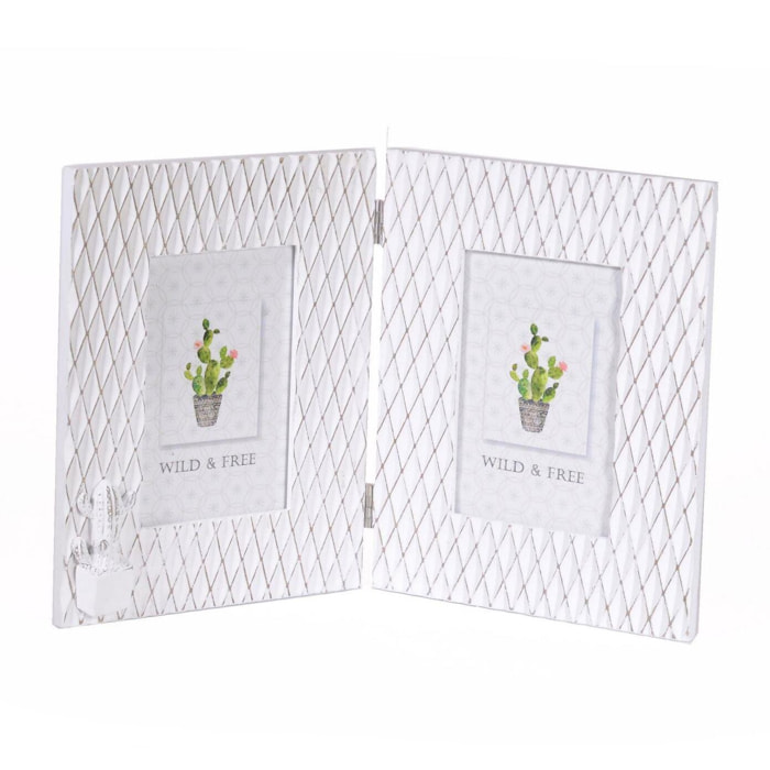 Portafoto da tavolo con cactus in in legno bianco, multiplo 2 foto cm38x24x1