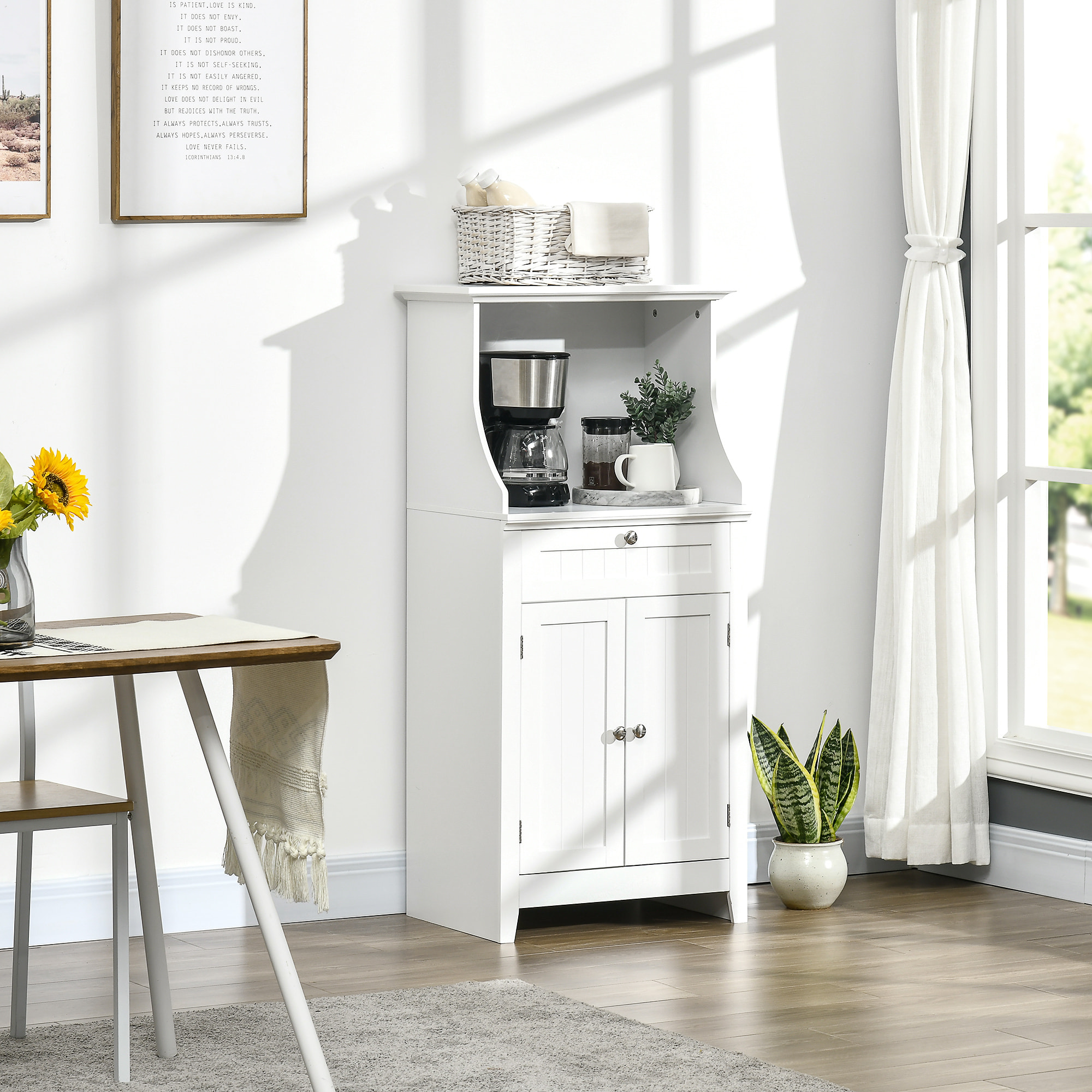 Mueble Auxiliar de Cocina Mueble para Microondas Aparador de Cocina con Cajón Estante 2 Puertas Compartimento Diseño Anti-vuelco para Comedor 60x40x122,5 cm Blanco