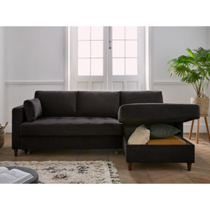 Anna - canapé d'angle droit - 4 places - convertible avec coffre - en velours - Gris foncé