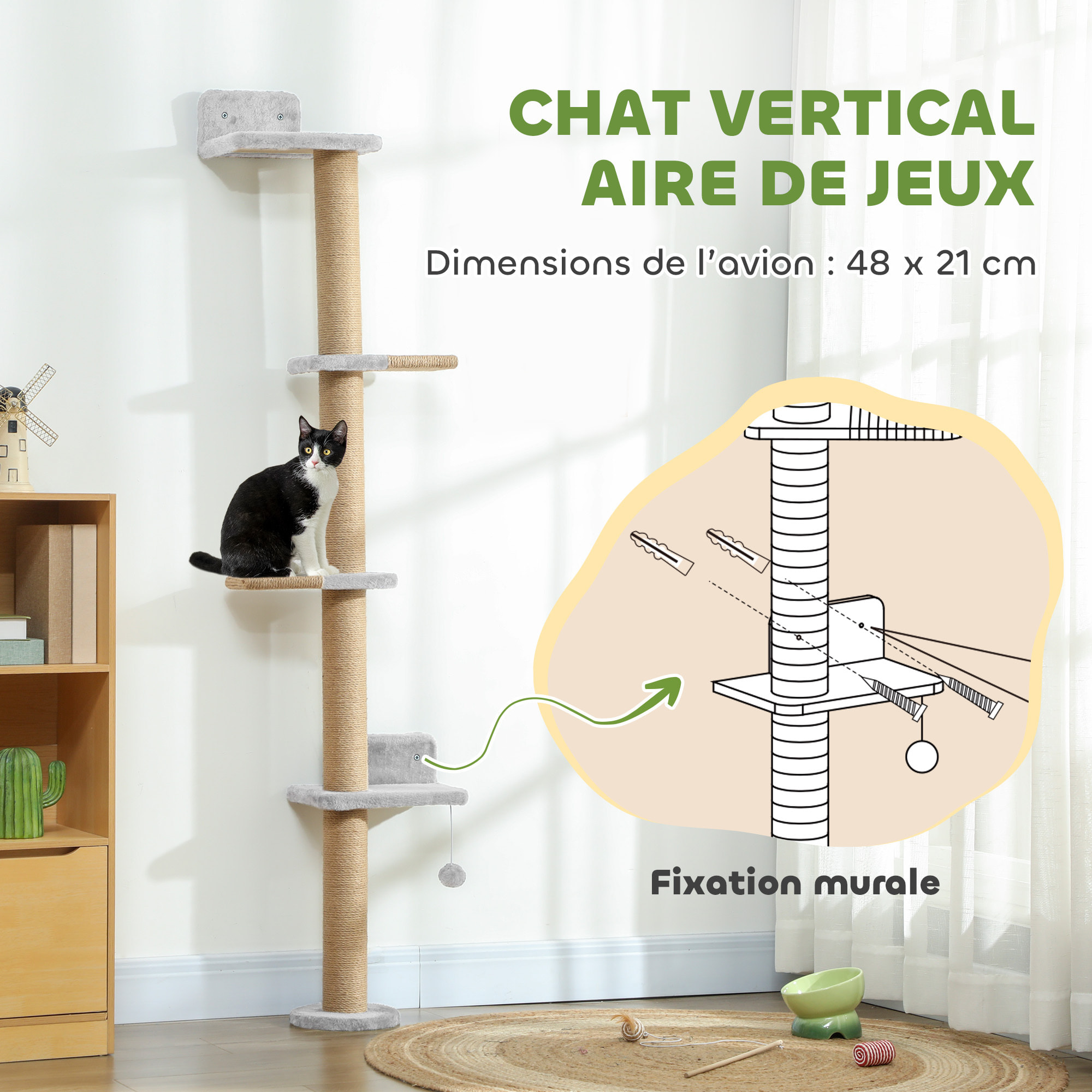 Arbre à chat mural 4 plateformes griffoirs grattoirs boule - 48x21x180cm - gris clair