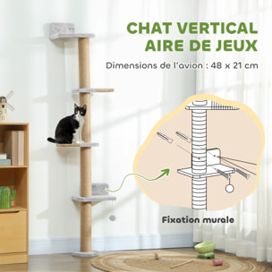 Arbre à chat mural 4 plateformes griffoirs grattoirs boule - 48x21x180cm - gris clair