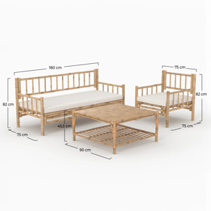 Salon de jardin 4 personnes en bambou, table basse carré - Vadella