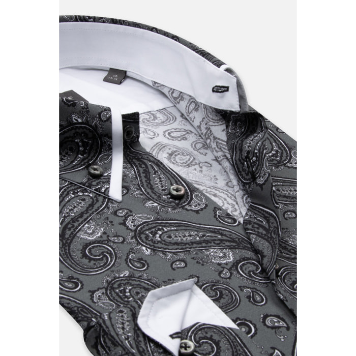 Camicia Uomo 2 Bottoni Button Down Doppio Coll Popeline Stretch Stampato Grigio Scuro/Nero