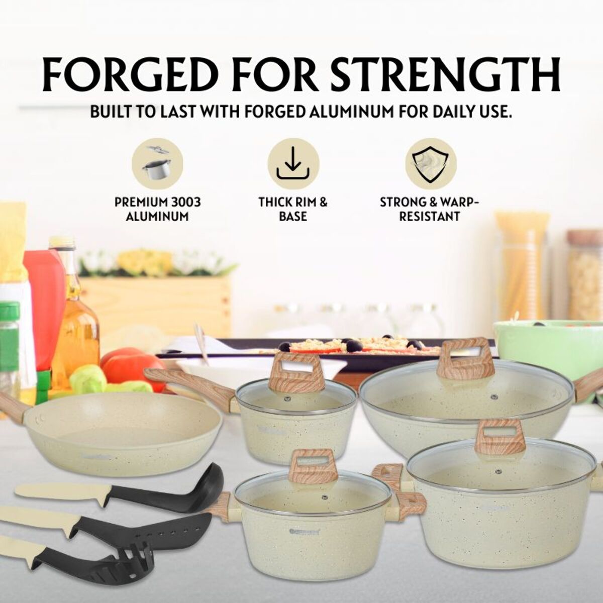 Batterie de cuisine 14 pièces avec revêtement en granit et manche en bois Beige Herzberg HGWDBEJ14-BEI