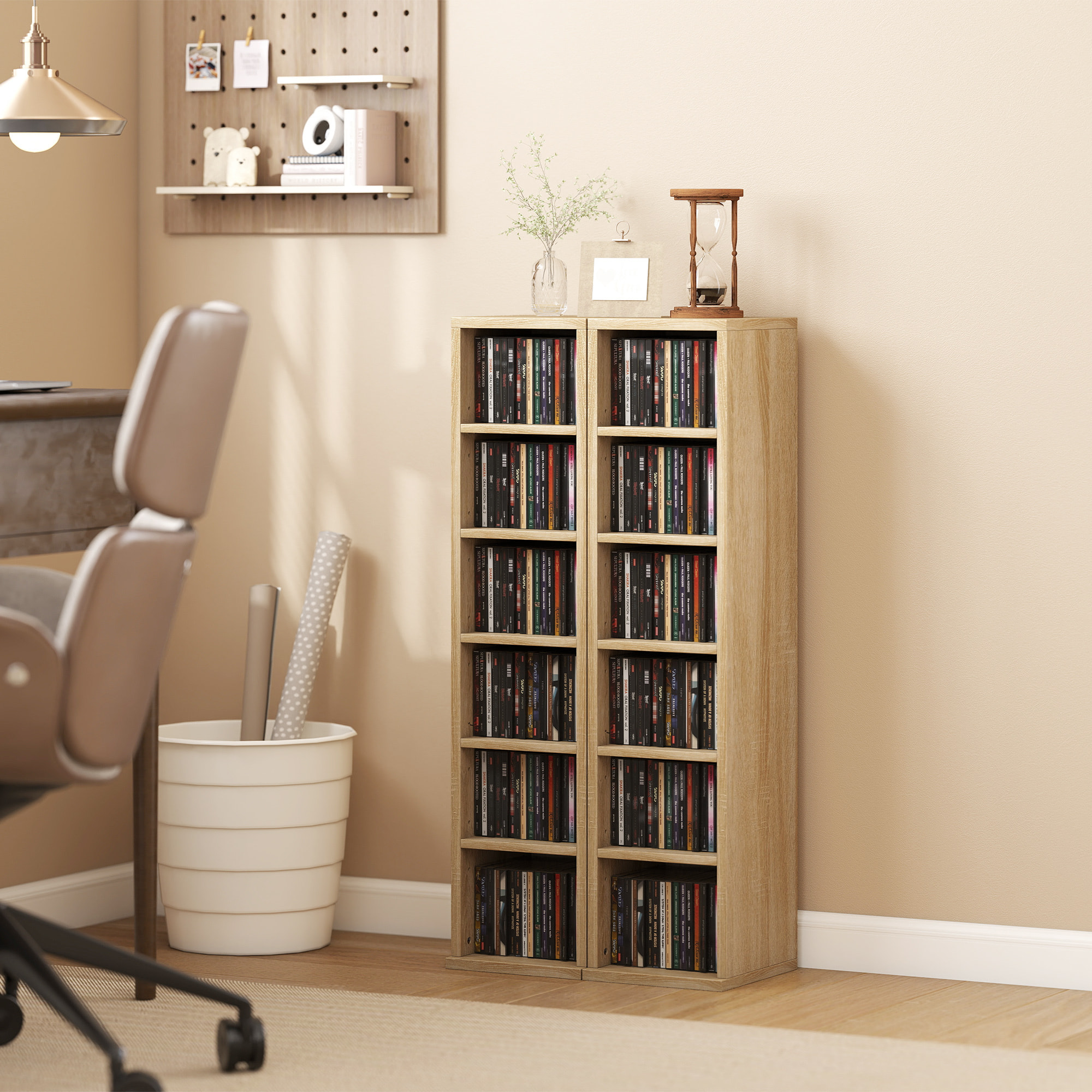 Set de 2 Estanterías para CDs y DVDs, Soportes para CD Estrechos con 12 Compartimentos, Estantes Ajustables, Estanterías para Salón, Oficina, 21x22,5x88,5 cm, Roble