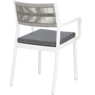 Set di 4 sedie ALVIN in polipropilene bianco e corda intrecciata grigio chiaro, con braccioli