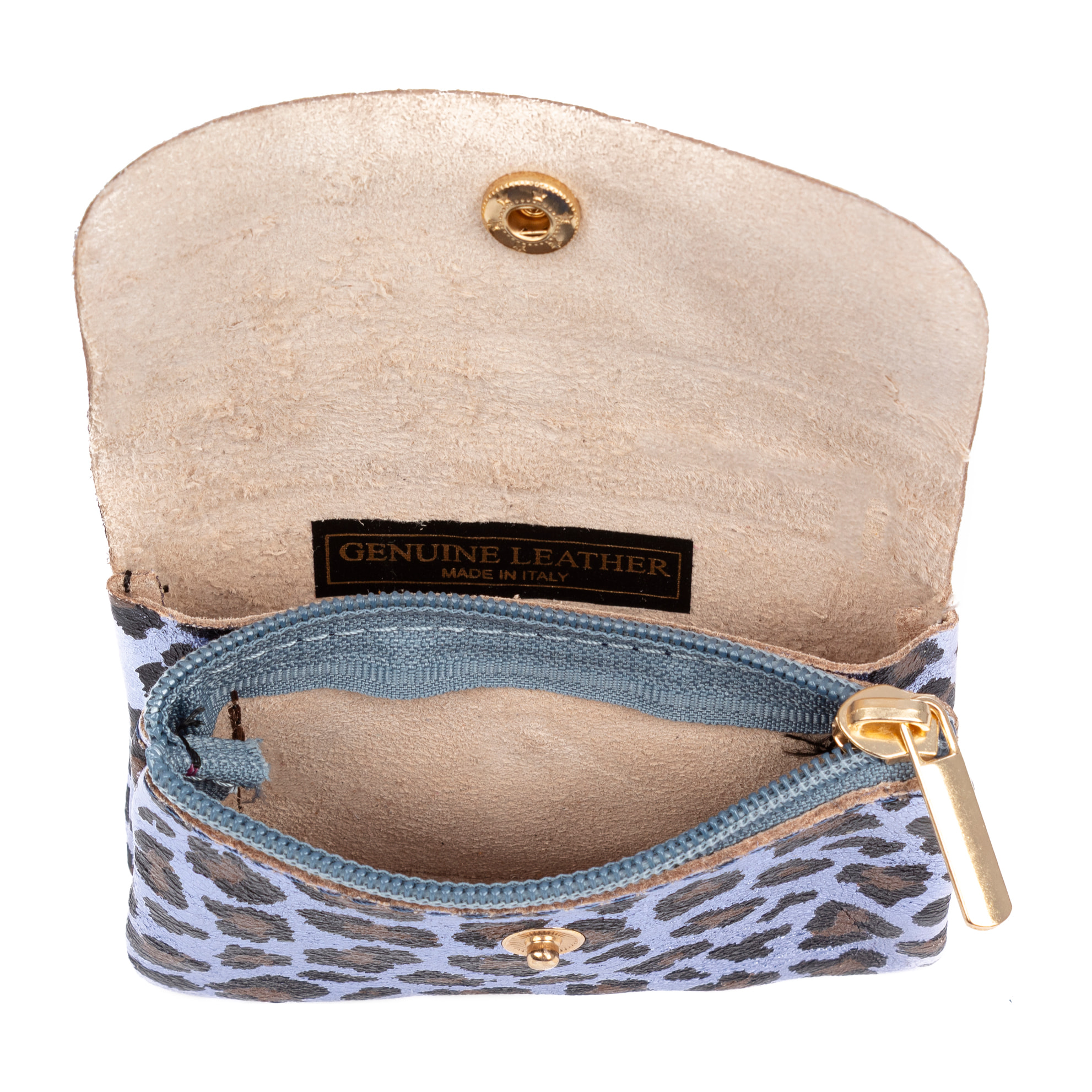 Alpignano monedero mujer. Piel auténtica Gamuza, diseño animal print leopardo, lacada brillante