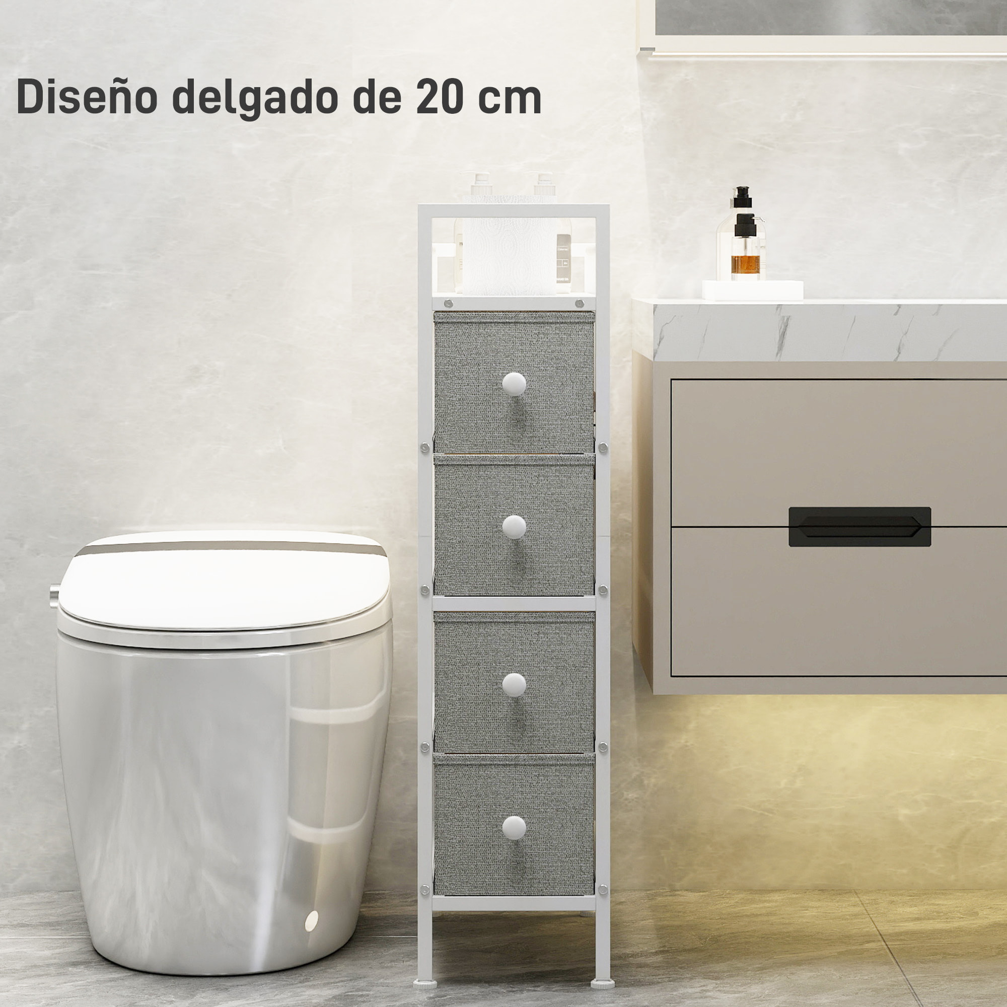 Cómoda con 4 Cajones de Tela, Cómoda para Dormitorio Estrecha con Marco de Acero, Cajonera para Espacios Pequeños, Sala de Estar, Vestidor, Baño, Gris Claro