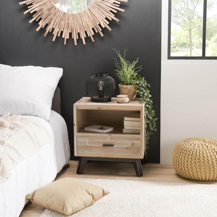 ANDRO - Chevet beige scandi 1 tiroir 1 niche pieds noirs Sapin
