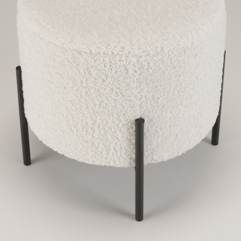 ALBANE - Tabouret rond 40x40cm tissu bouclette blanc pieds métal noir